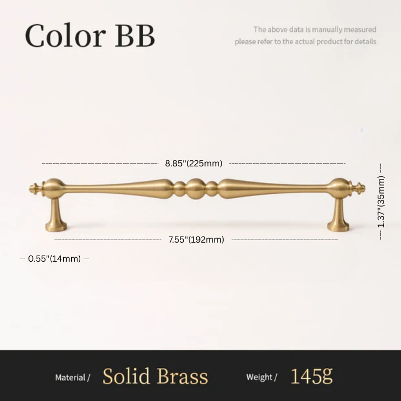 Solid brass cabinet pull with dimensions and material details on a white background