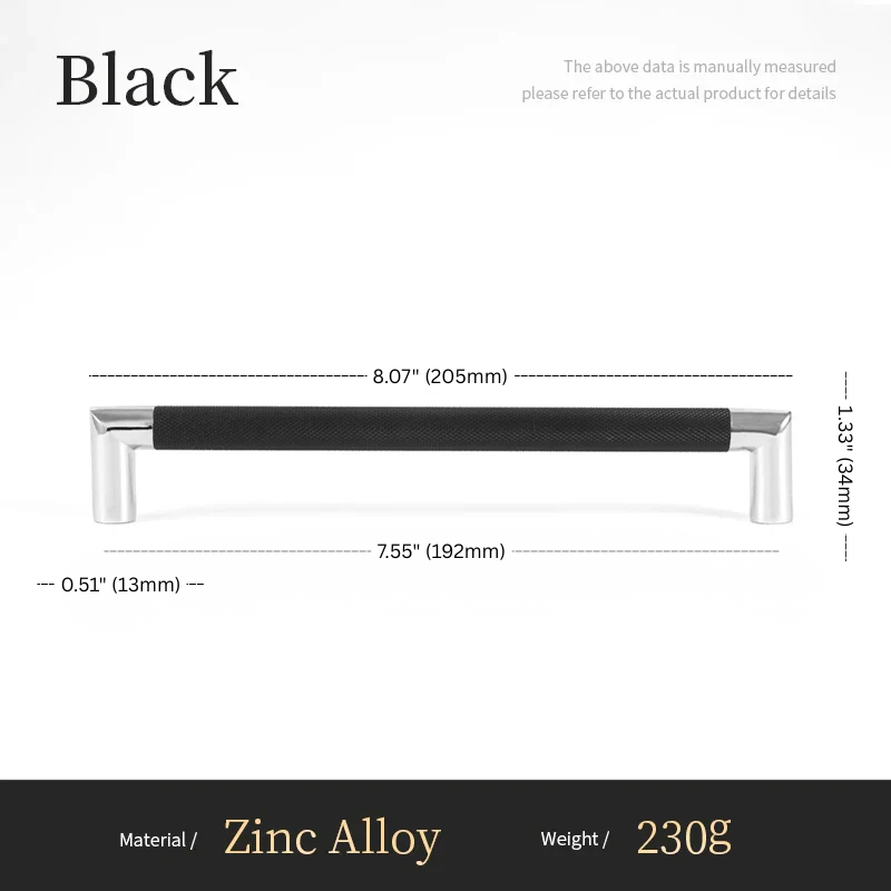 Black cabinet handle with measurements on a white background
