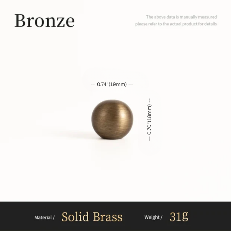 Bronze ball with measurements on a white background