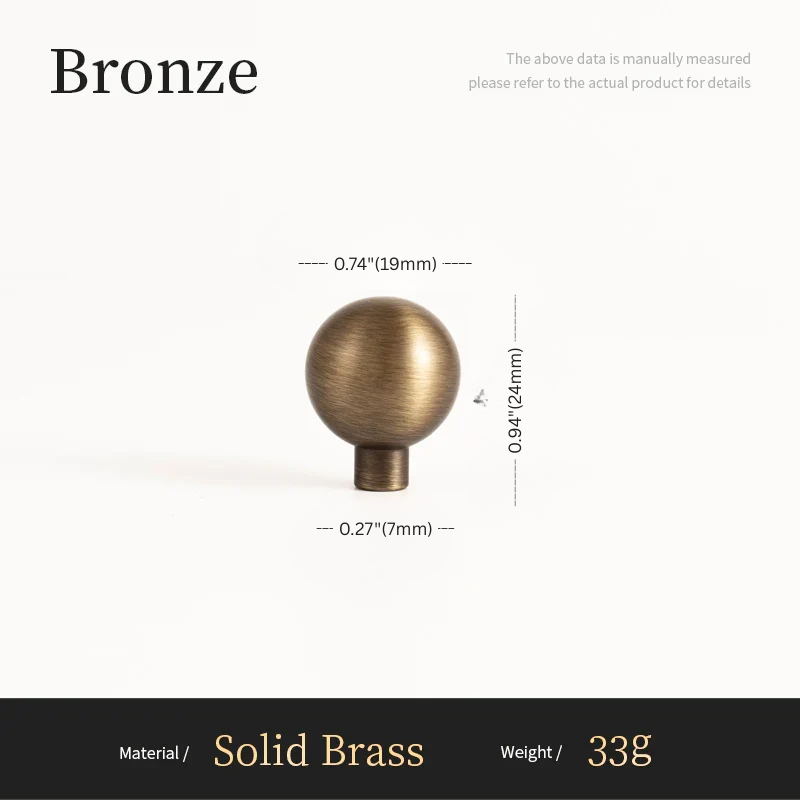 Bronze spherical object with measurements on a white background