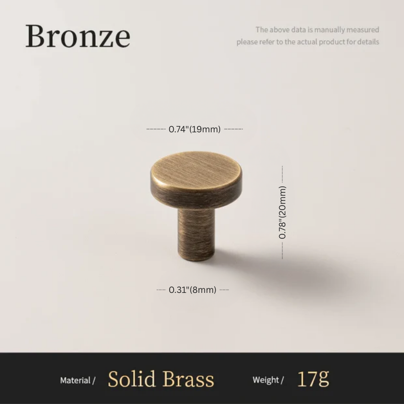 Bronze knob with dimensions and material details on a light gray background