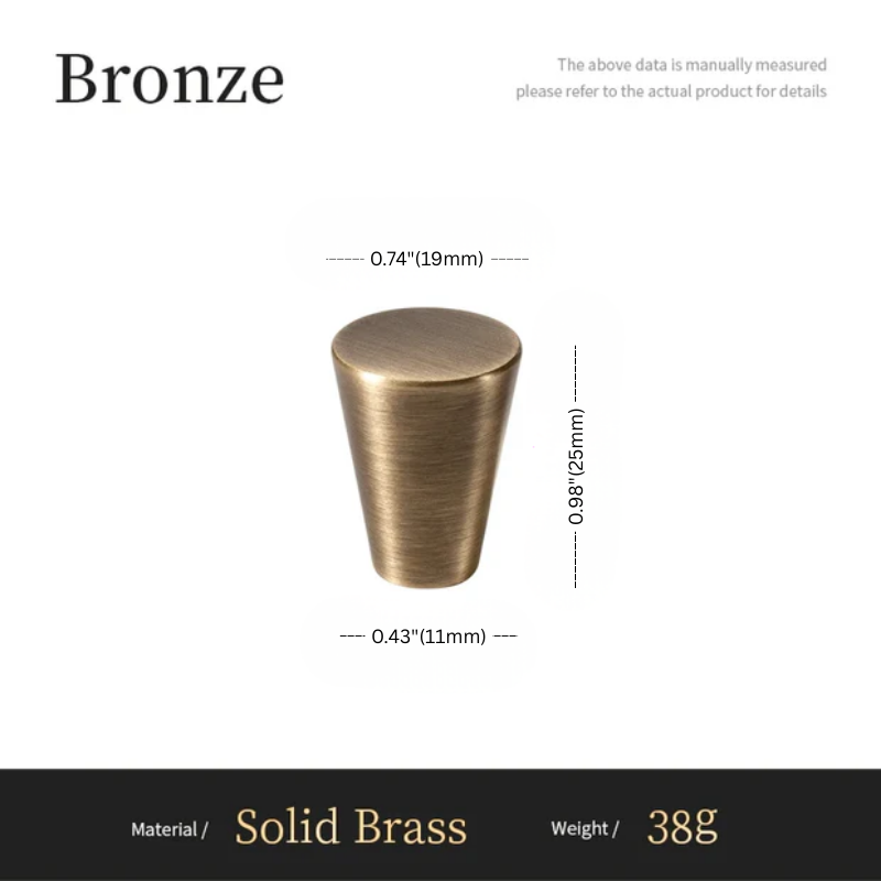 Bronze cylindrical object with measurements on a white background