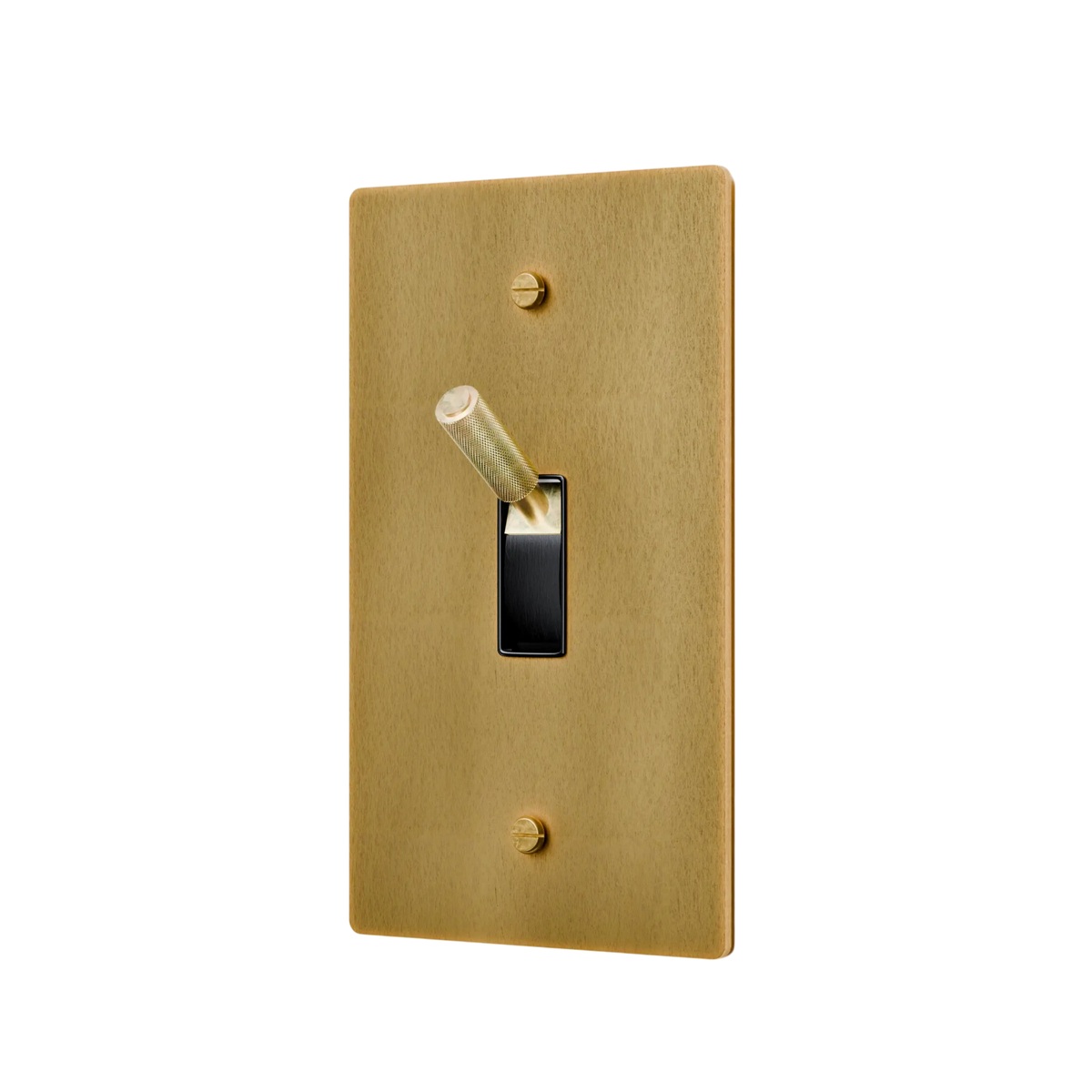 Gold light switch with a black toggle on a white background