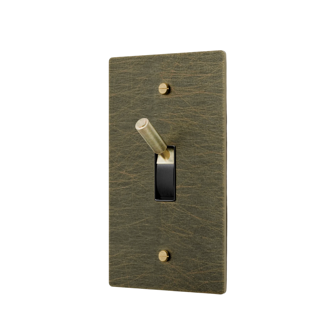 Gold light switch with a black rocker on a white background