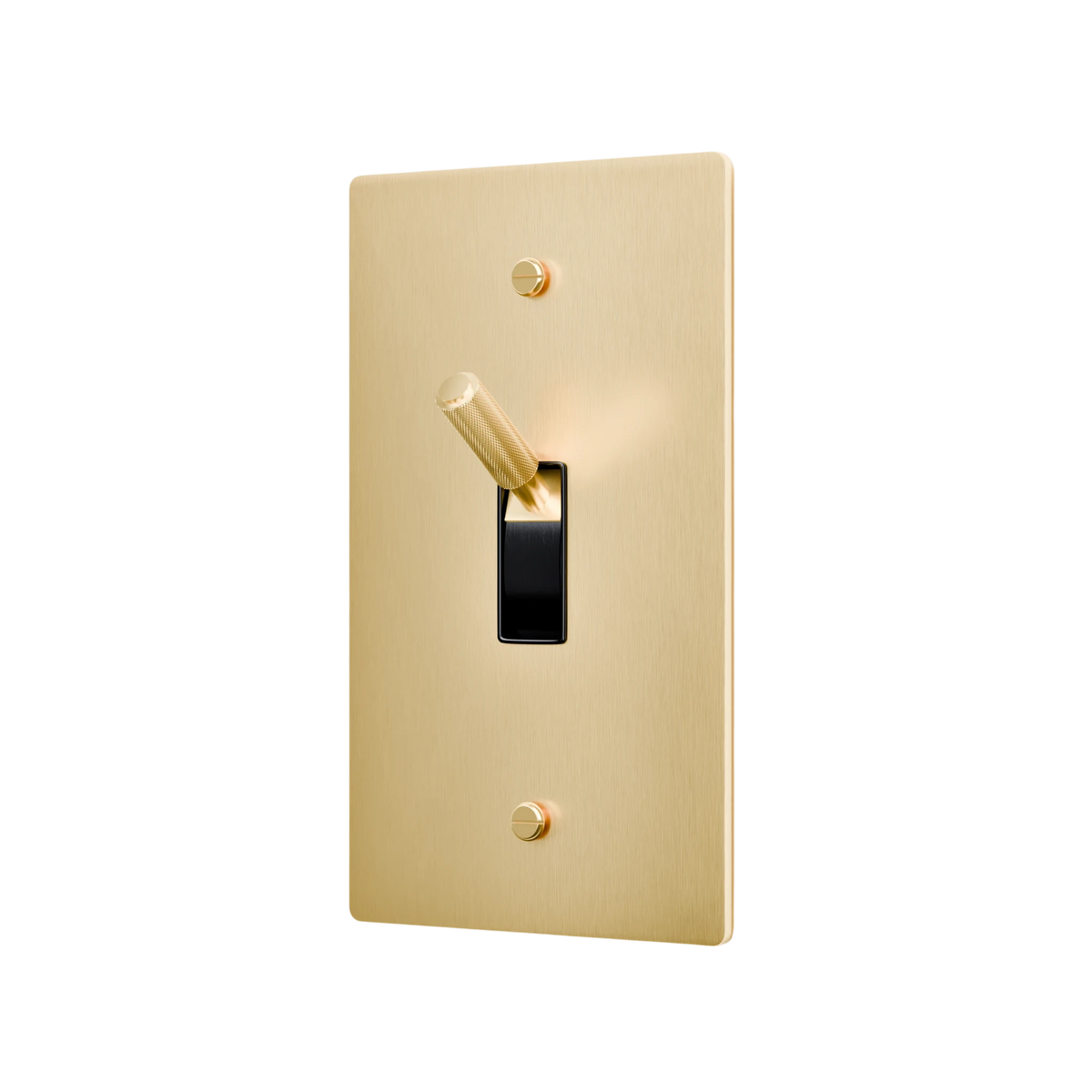 Gold light switch with a black rocker on a white background