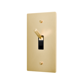 Gold light switch with a black rocker on a white background