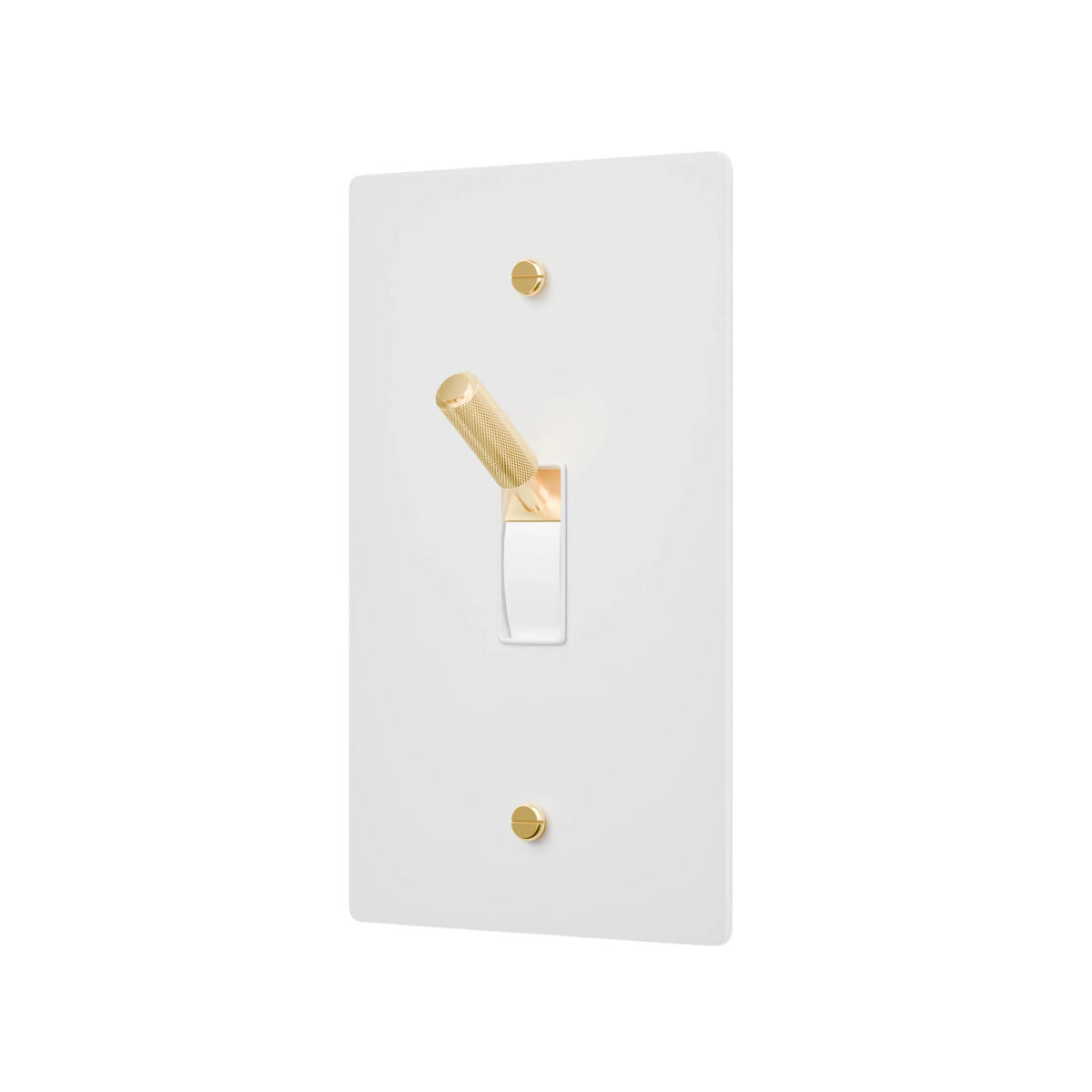 White light switch cover with gold accents on a white background