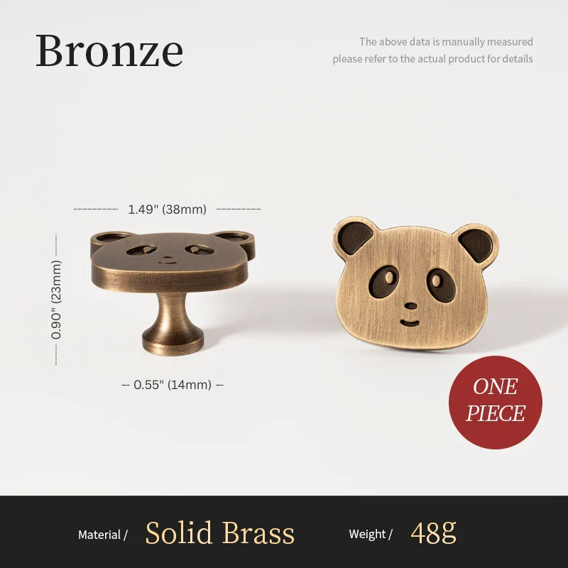 Bronze panda-shaped object with dimensions and material details on a white background