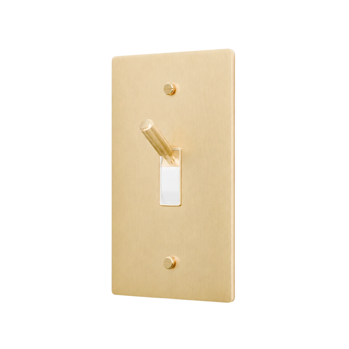 Gold light switch cover with a toggle switch on a white background