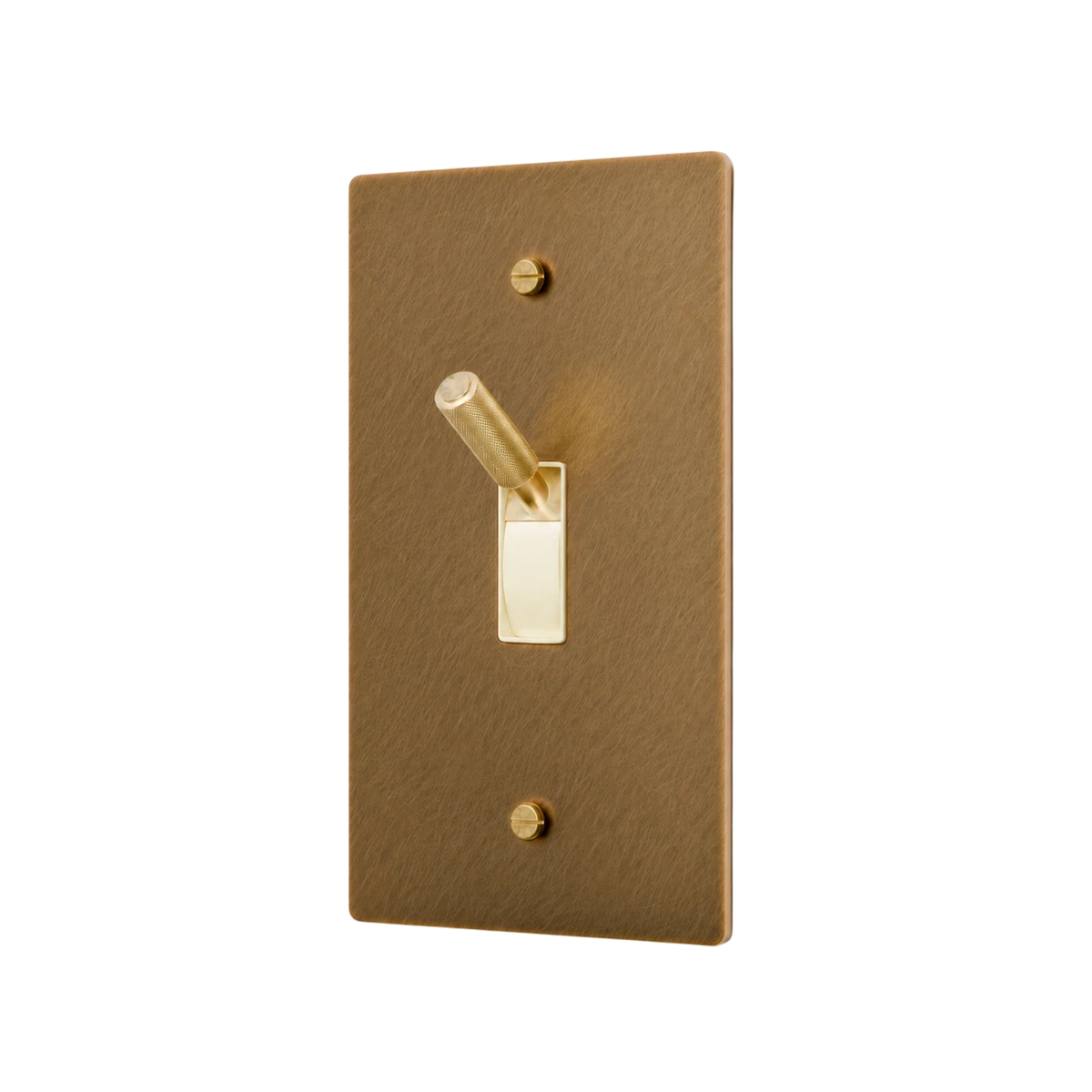 Gold light switch with a lever design on a white background