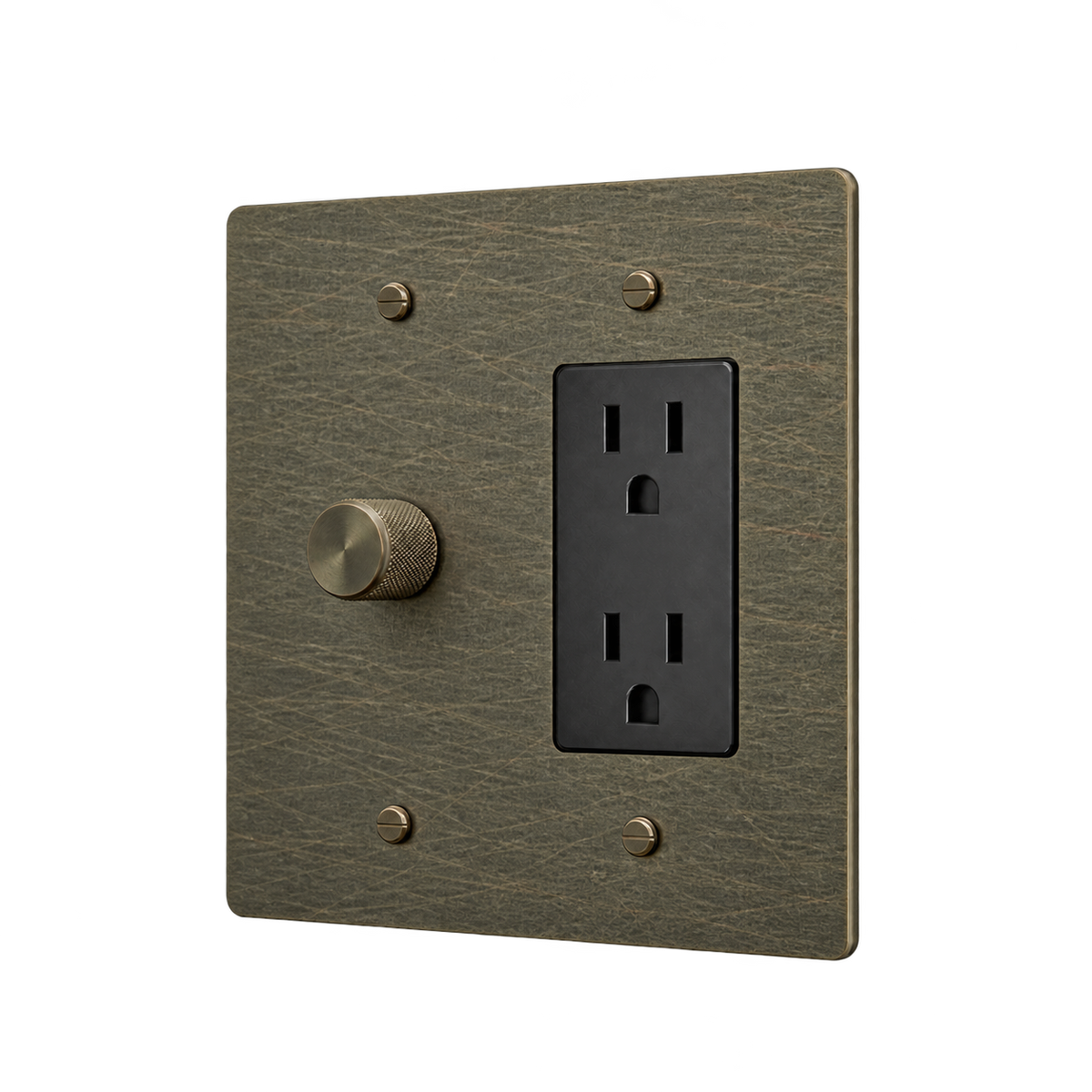 Brass Plate with Dimmer & Duplex Outlet — 2-Gang — Aged Bronze (Hand-Brushed)