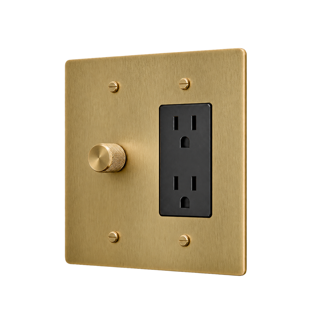 Brass Plate with Dimmer & Duplex Outlet — 2-Gang — Satin Brass