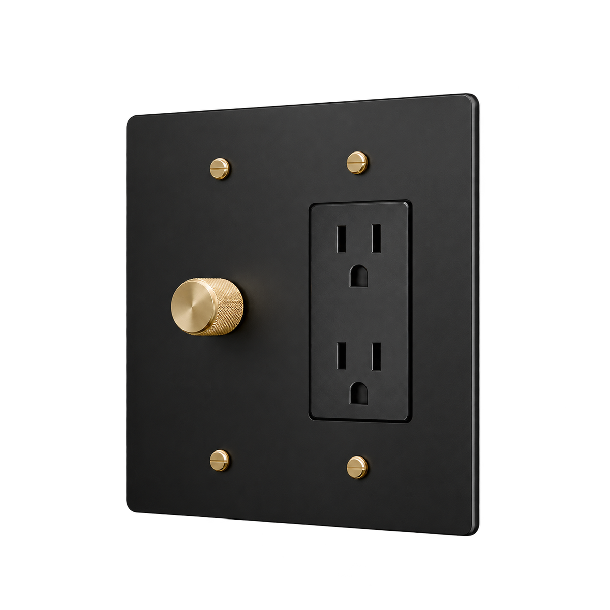 Brass Plate with Dimmer & Duplex Outlet — 2-Gang — Matte Black