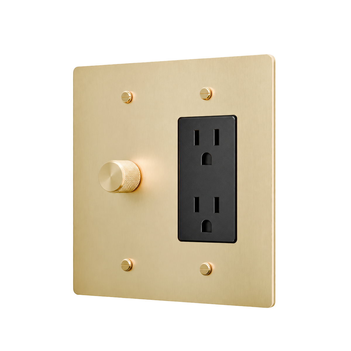 Brass Plate with Dimmer & Duplex Outlet — 2-Gang — Satin Brass