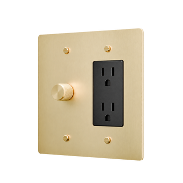 Brass Plate with Dimmer & Duplex Outlet — 2-Gang — Satin Brass