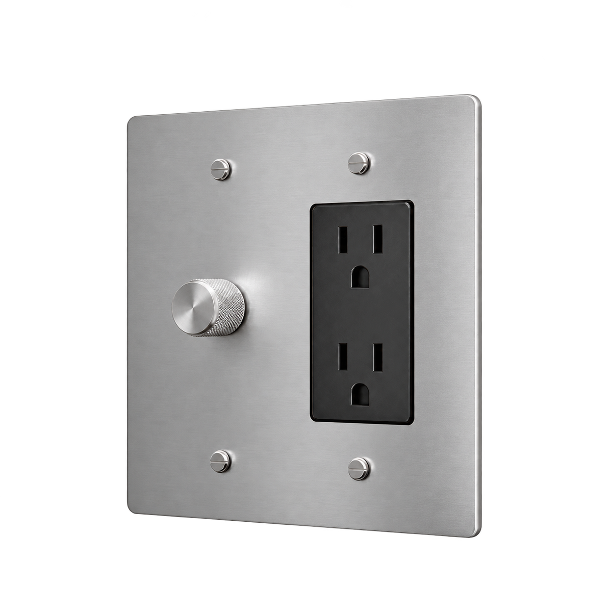 Brass Plate with Dimmer & Duplex Outlet — 2-Gang — Stainless Steel