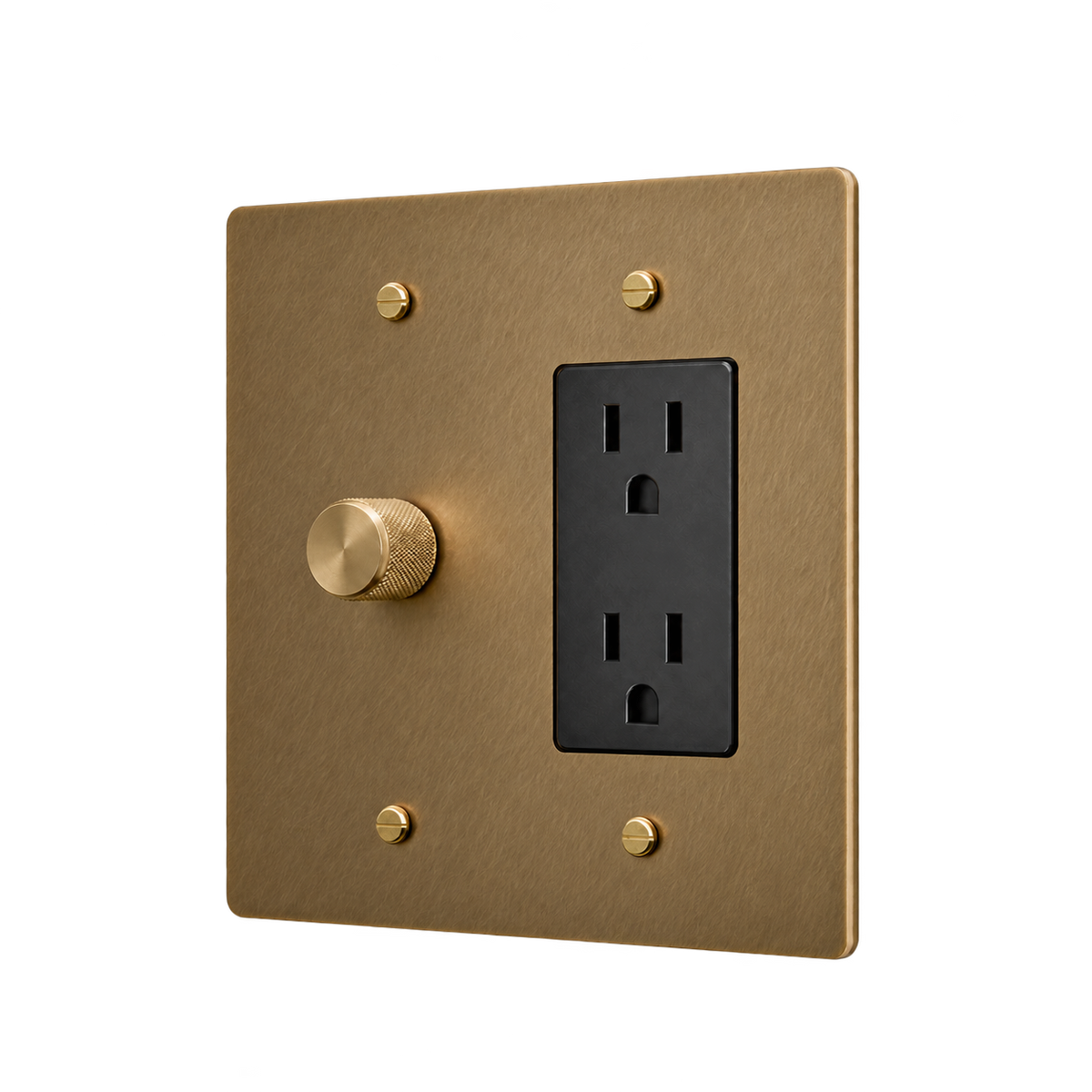 Brass Plate with Dimmer & Duplex Outlet — 2-Gang — Unlacquered Antique Brass (Hand-Brushed)