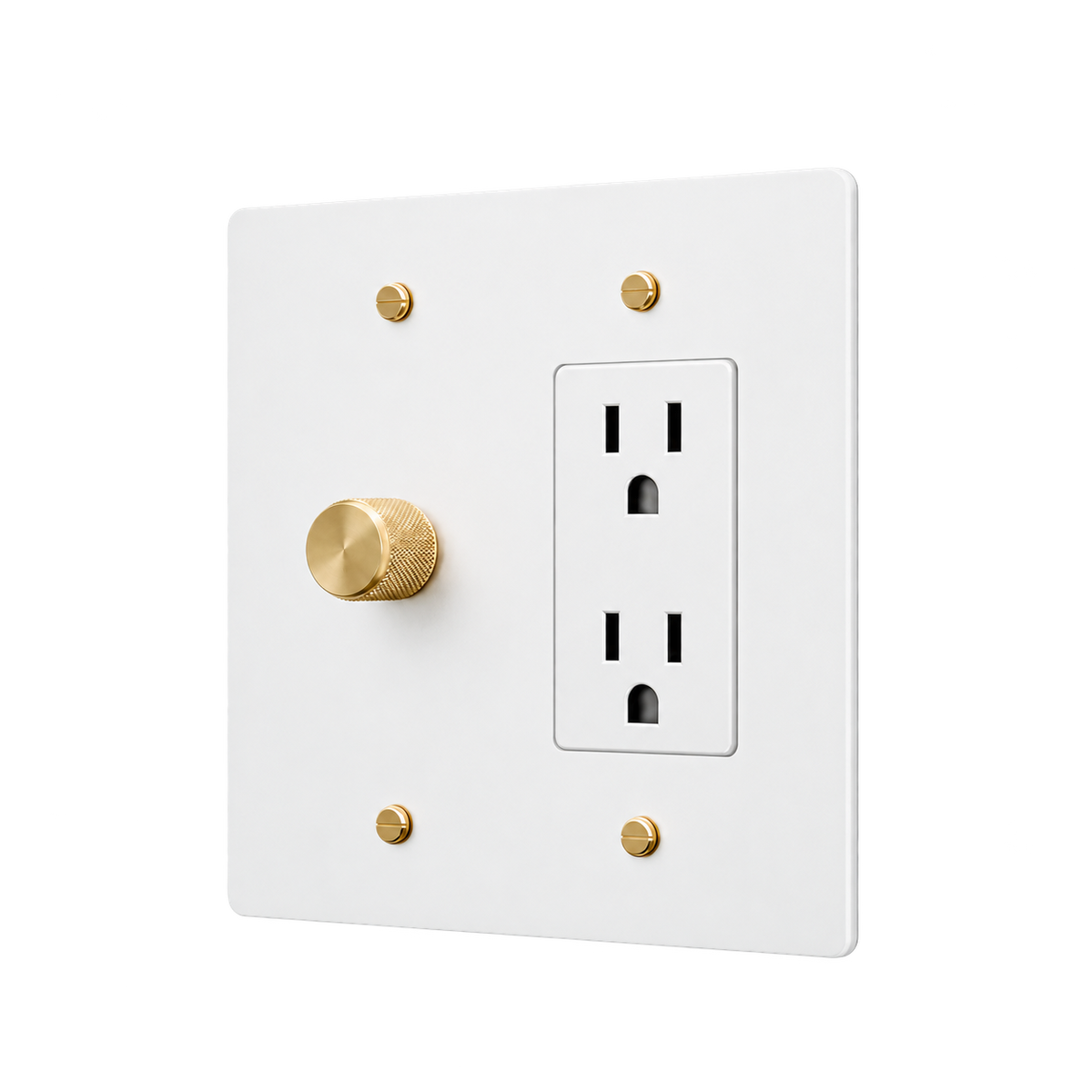 Brass Plate with Dimmer & Duplex Outlet — 2-Gang — White