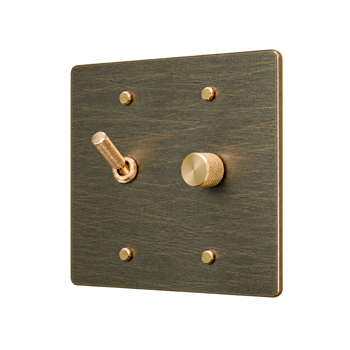 Knurled Brass Toggle & Dimmer Plate — 2-Gang — Aged Bronze (Hand-Brushed)