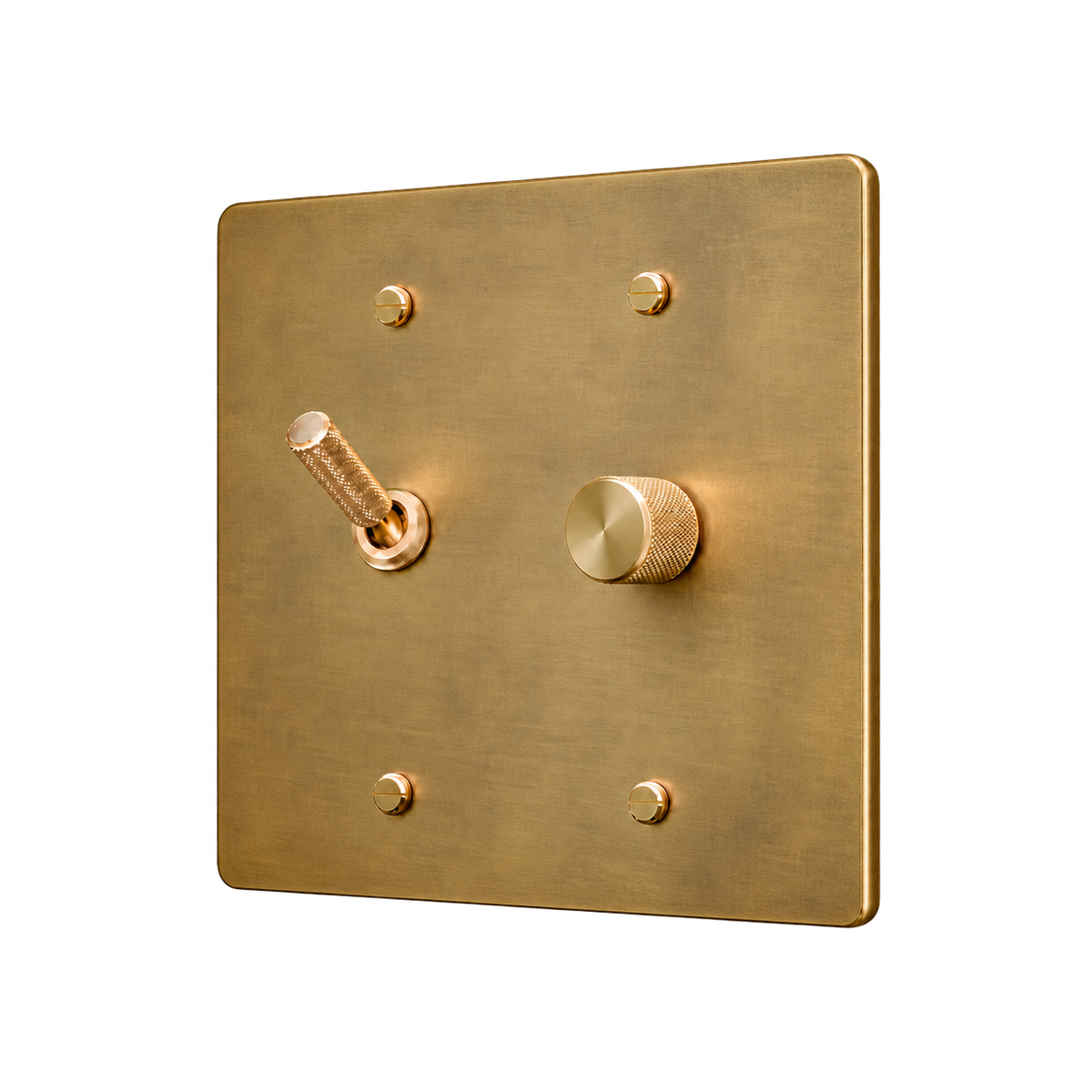 Knurled Brass Toggle & Dimmer Plate — 2-Gang — Antique Brass (Hand-Brushed)