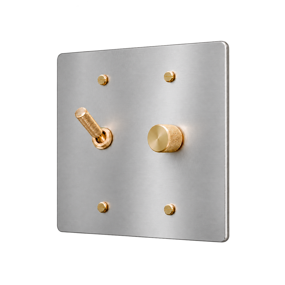 Knurled Brass Toggle & Dimmer Plate — 2-Gang — Stainless Steel
