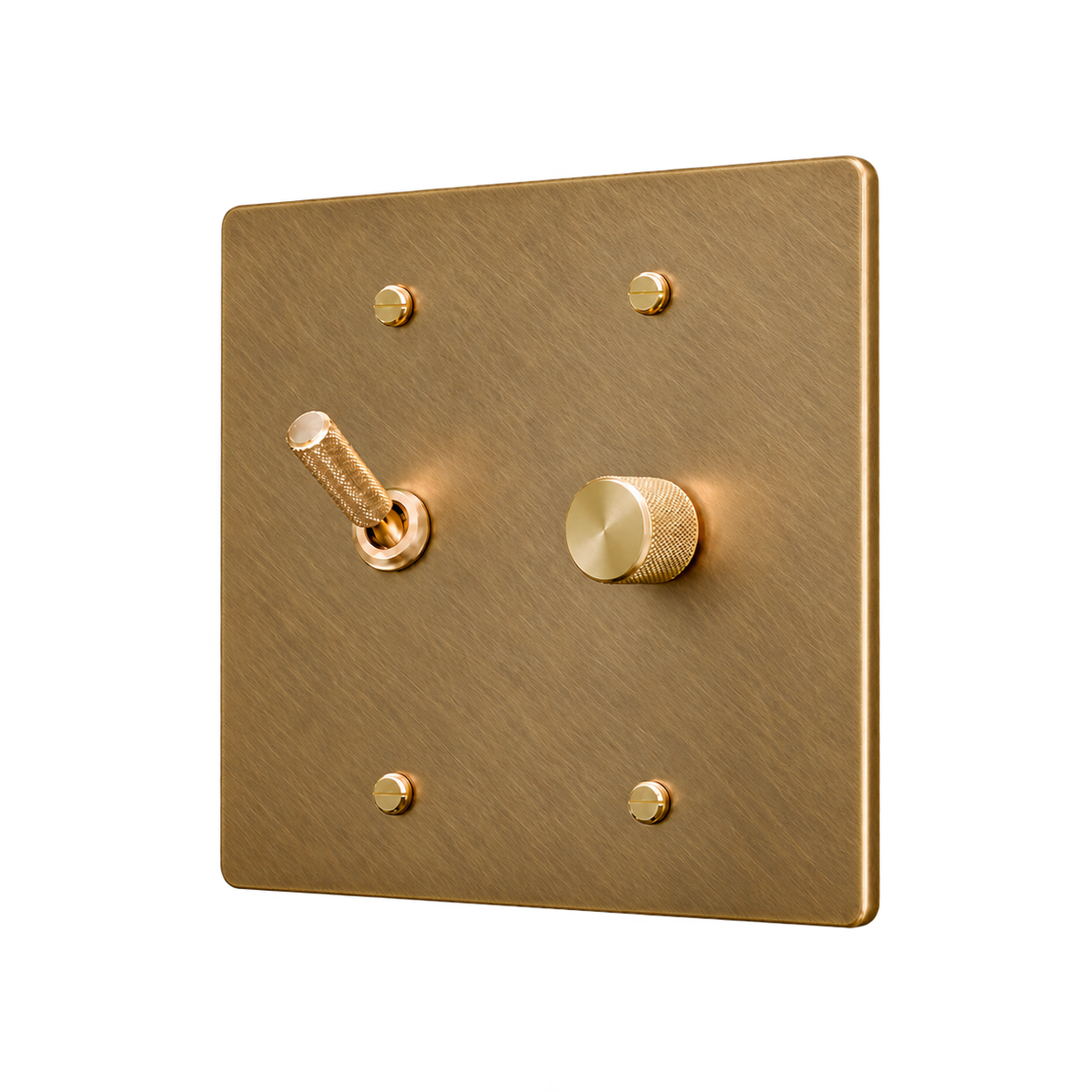 Knurled Brass Toggle & Dimmer Plate — 2-Gang — Unlacquered Antique Brass (Hand-Brushed)
