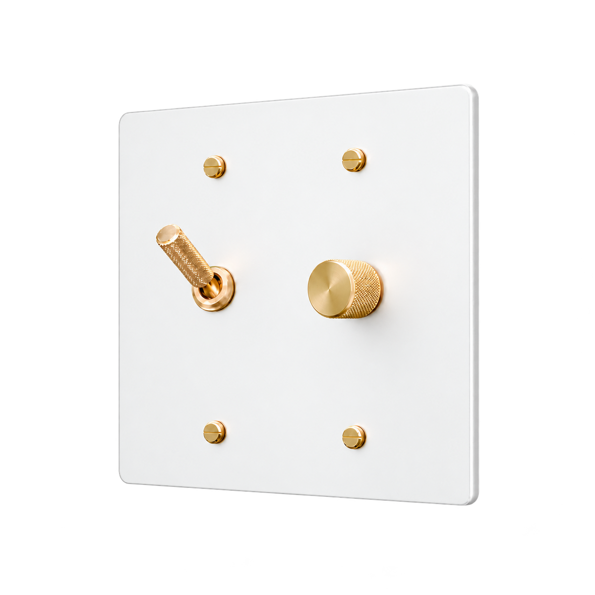 Knurled Brass Toggle & Dimmer Plate — 2-Gang — White