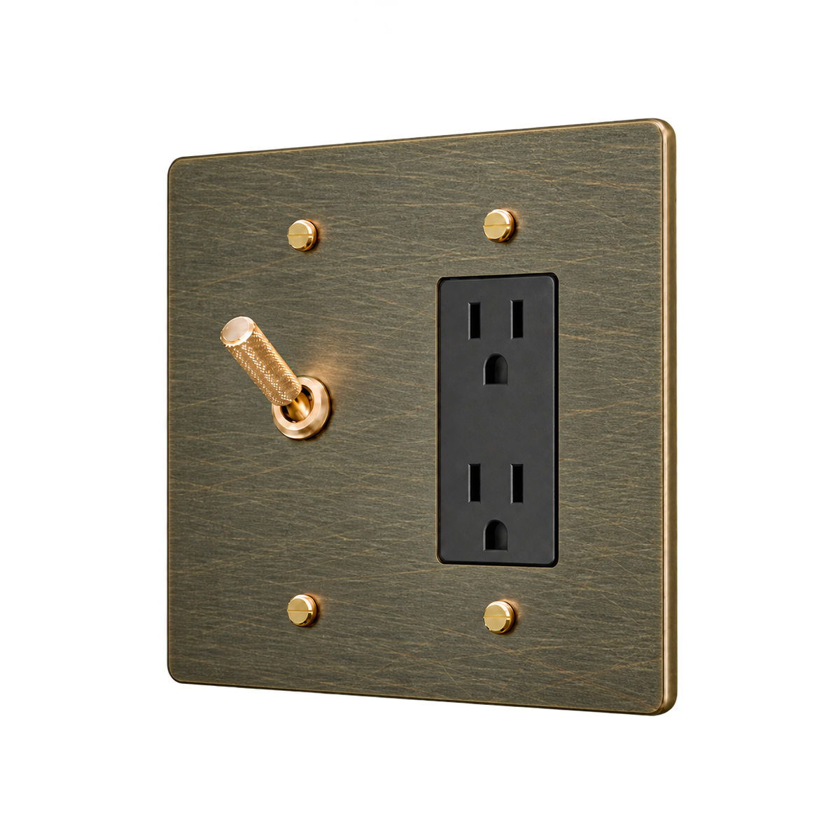Knurled Brass Toggle & Duplex Outlet Plate — 2-Gang — Aged Bronze (Hand-Brushed)
