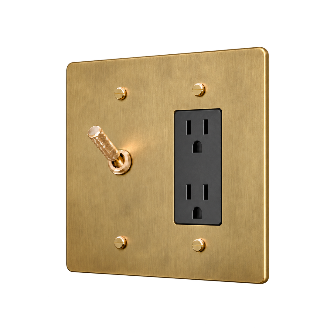 Knurled Brass Toggle & Duplex Outlet Plate — 2-Gang — Satin Brass