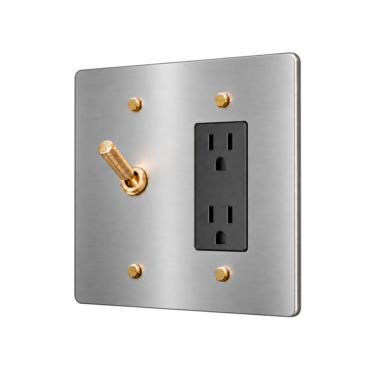Knurled Brass Toggle & Duplex Outlet Plate — 2-Gang — Stainless Steel