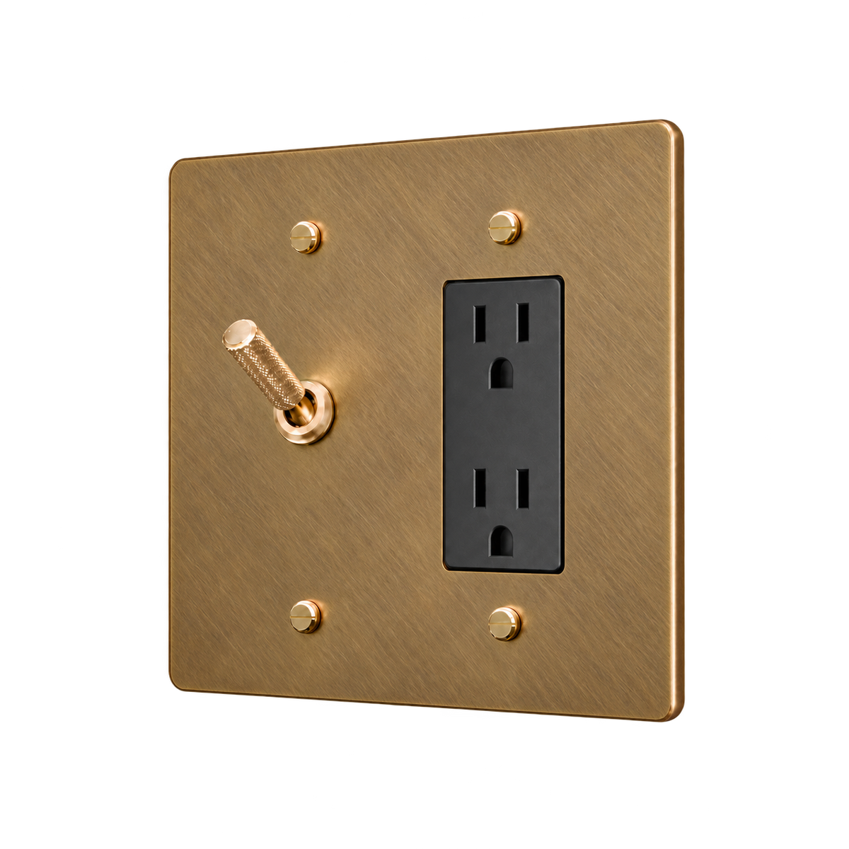 Knurled Brass Toggle & Duplex Outlet Plate — 2-Gang — Unlacquered Antique Brass (Hand-Brushed)