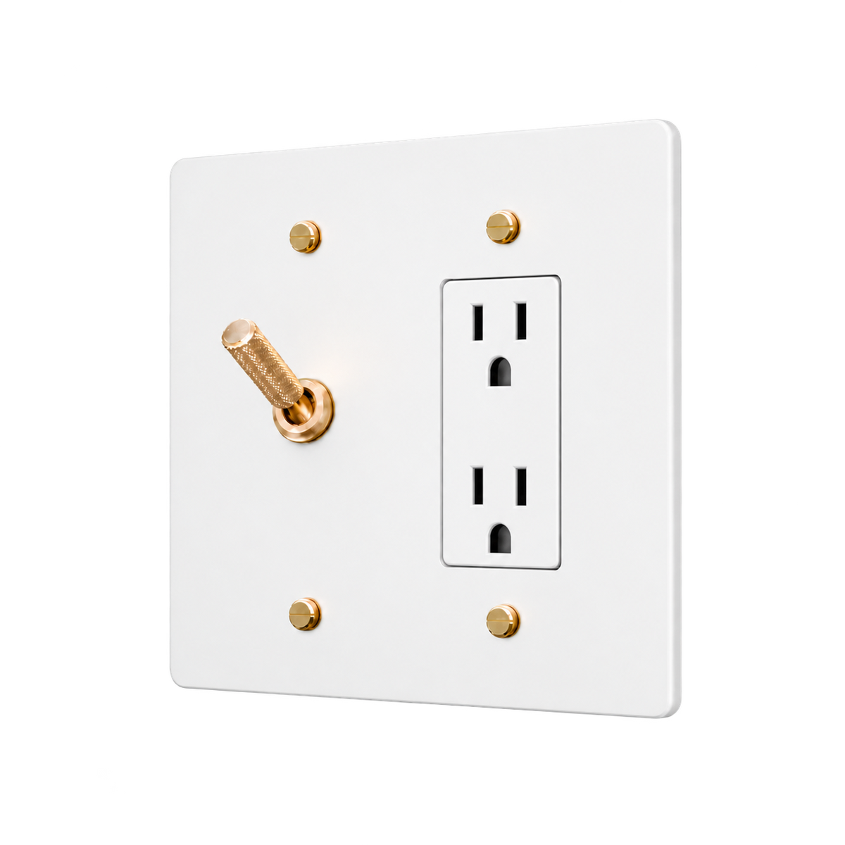 Knurled Brass Toggle & Duplex Outlet Plate — 2-Gang — White