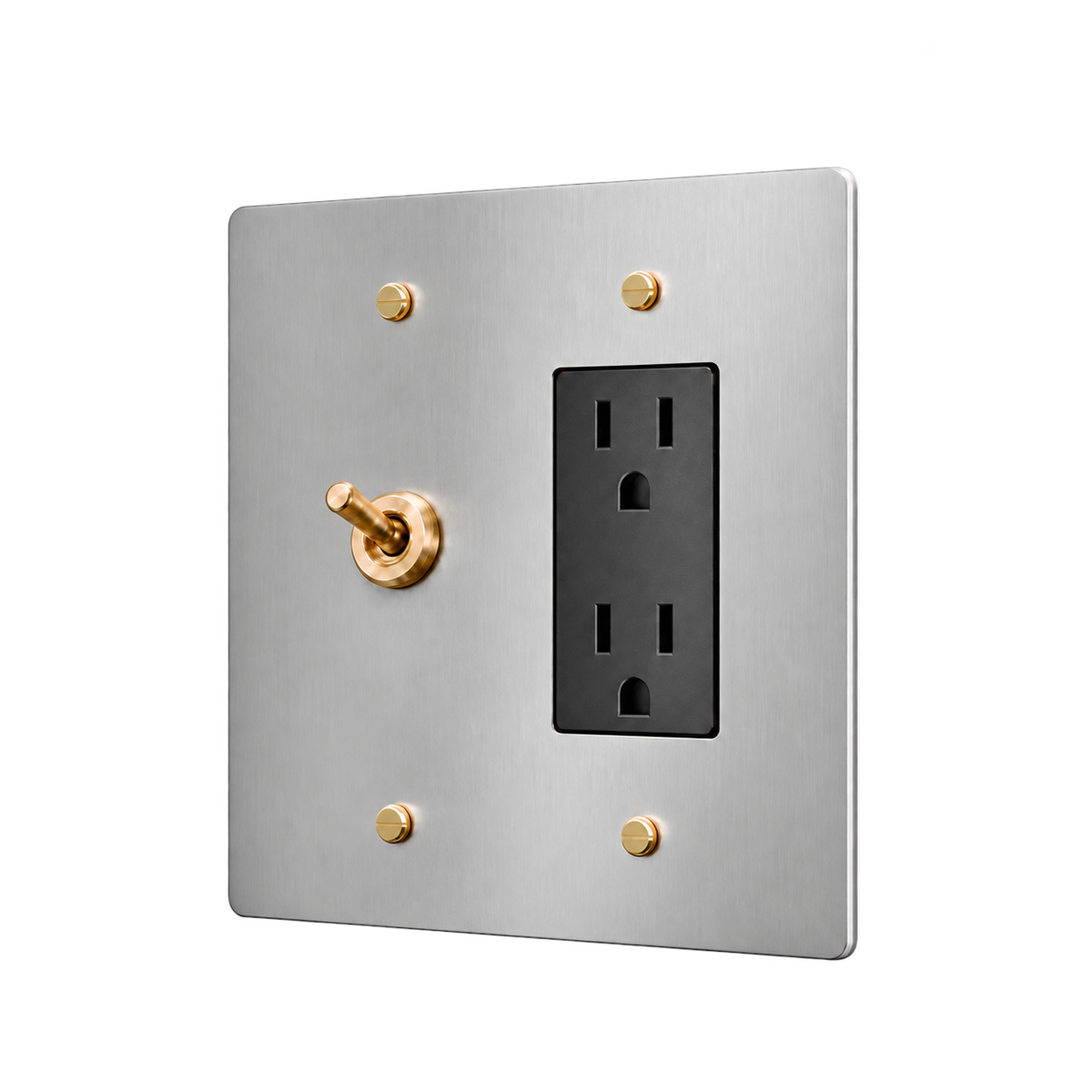 Retro Brass Toggle & Duplex Outlet Plate — 2-Gang — Stainless Steel & Brass