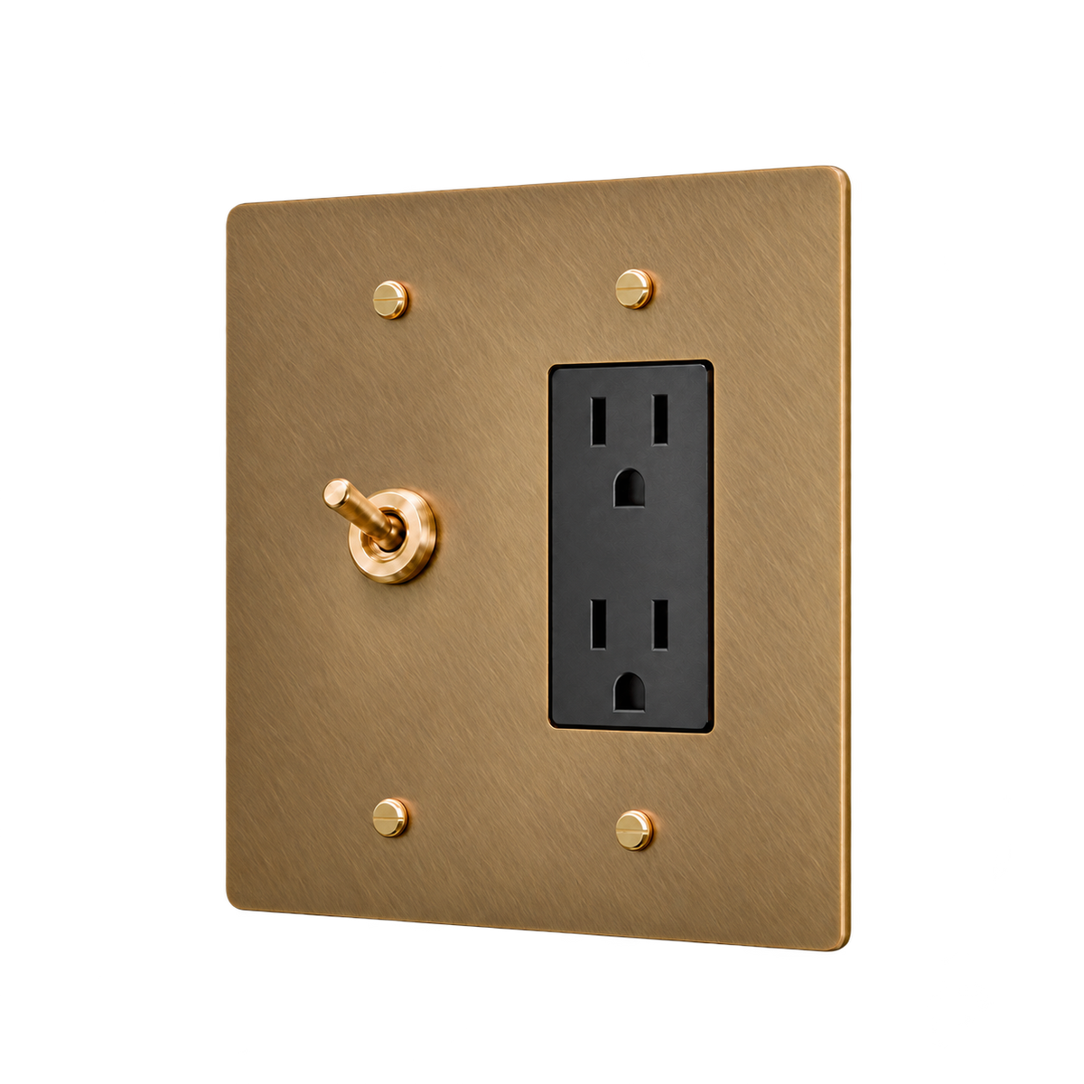 Retro Brass Toggle & Duplex Outlet Plate — 2-Gang — Unlacquered Antique Brass (Hand-Brushed)