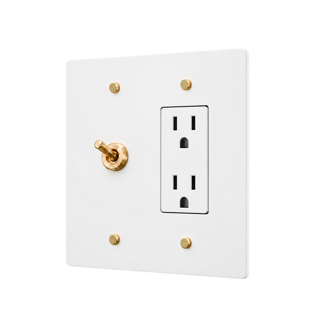 Retro Brass Toggle & Duplex Outlet Plate — 2-Gang — White