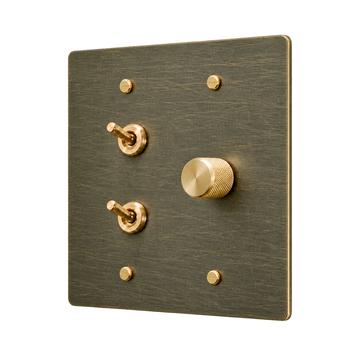 Double Retro Brass Toggle & Dimmer Plate — 2-Gang — Aged Bronze (Hand-Brushed)