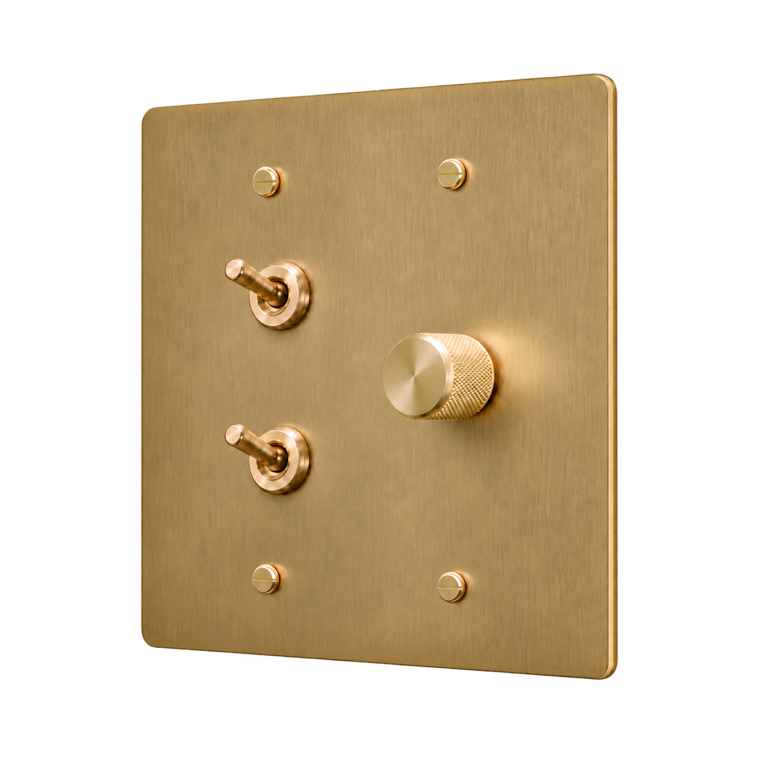Double Retro Brass Toggle & Dimmer Plate — 2-Gang — Satin Brass