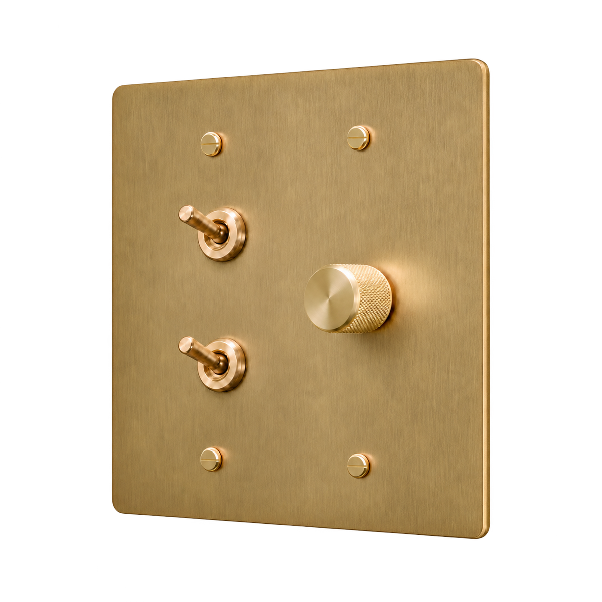Double Retro Brass Toggle & Dimmer Plate — 2-Gang — Antique Brass (Hand-Brushed)