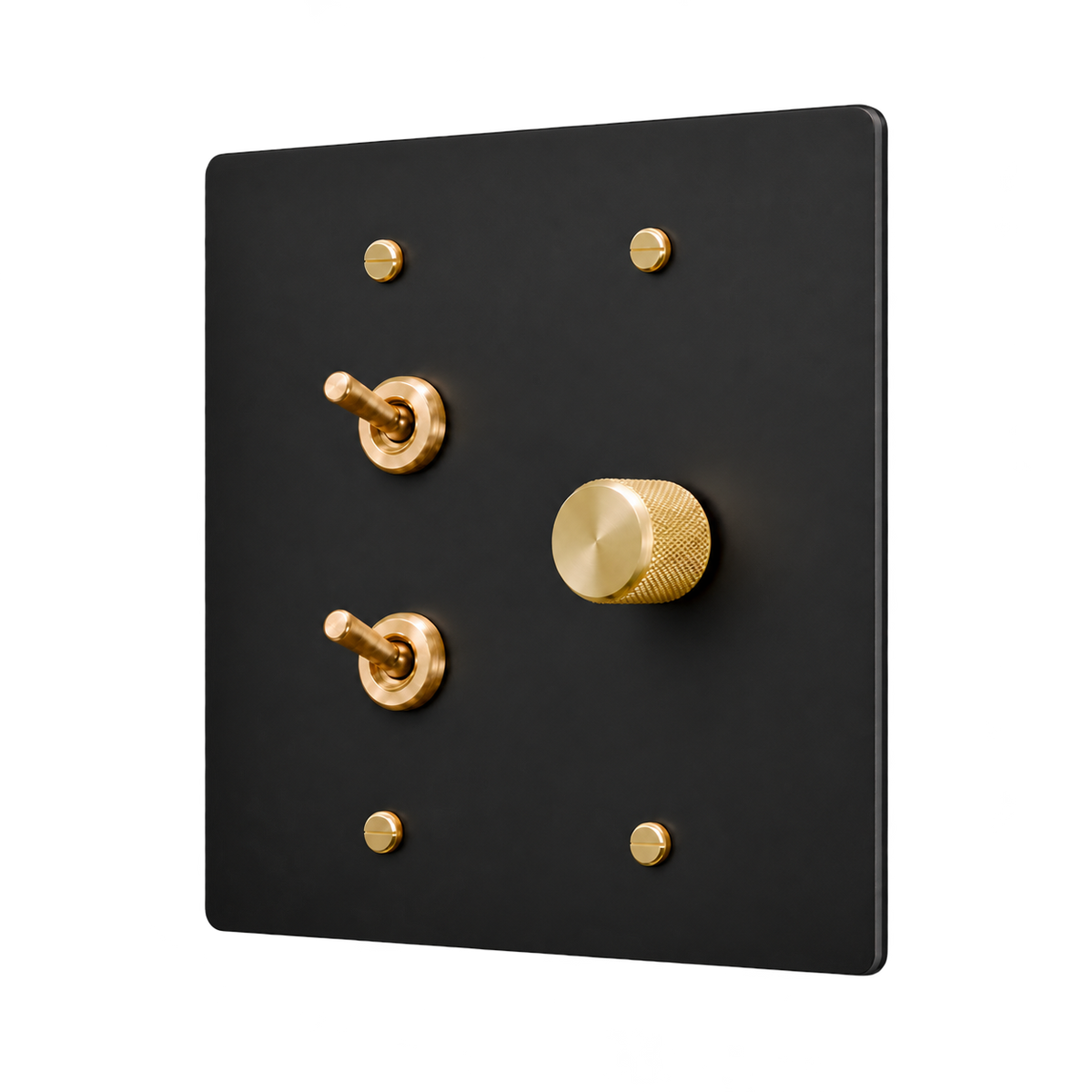Double Retro Brass Toggle & Dimmer Plate — 2-Gang — Matte Black