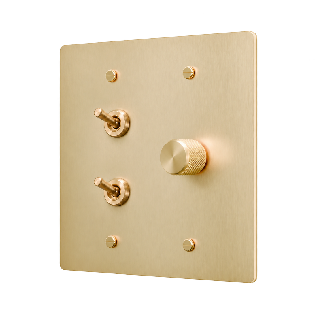 Double Retro Brass Toggle & Dimmer Plate — 2-Gang — Satin Brass