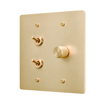 Double Retro Brass Toggle & Dimmer Plate — 2-Gang — Satin Brass