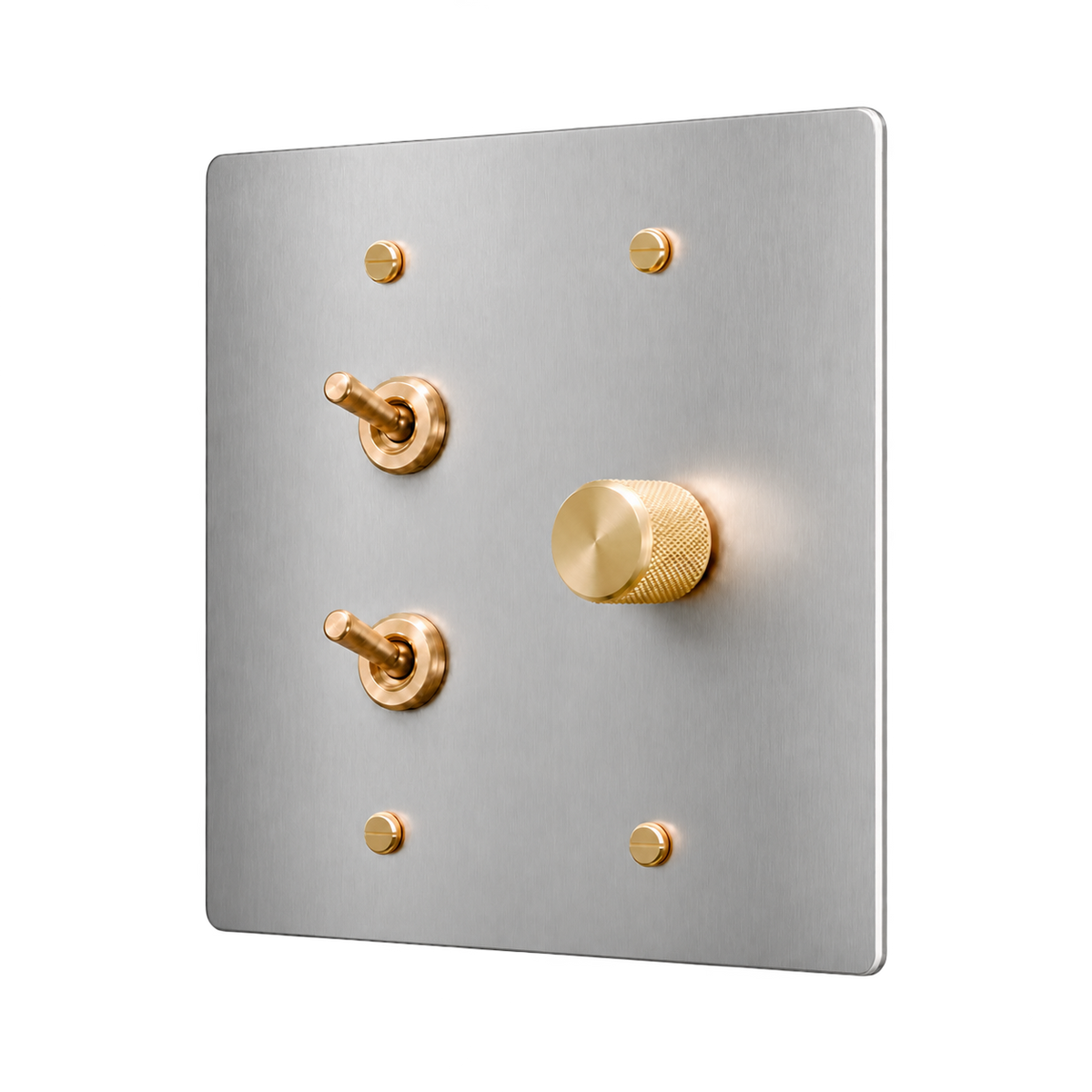 Double Retro Brass Toggle & Dimmer Plate — 2-Gang — Stainless Steel & Brass