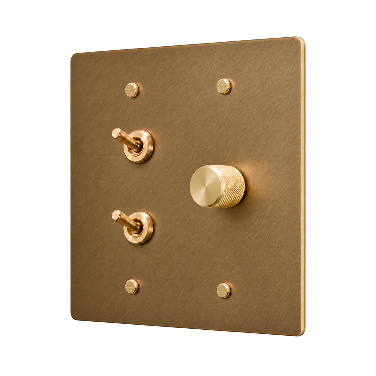 Double Retro Brass Toggle & Dimmer Plate — 2-Gang — Unlacquered Antique Brass (Hand-Brushed)