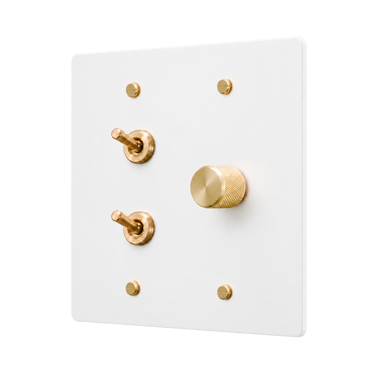 Double Retro Brass Toggle & Dimmer Plate — 2-Gang — White