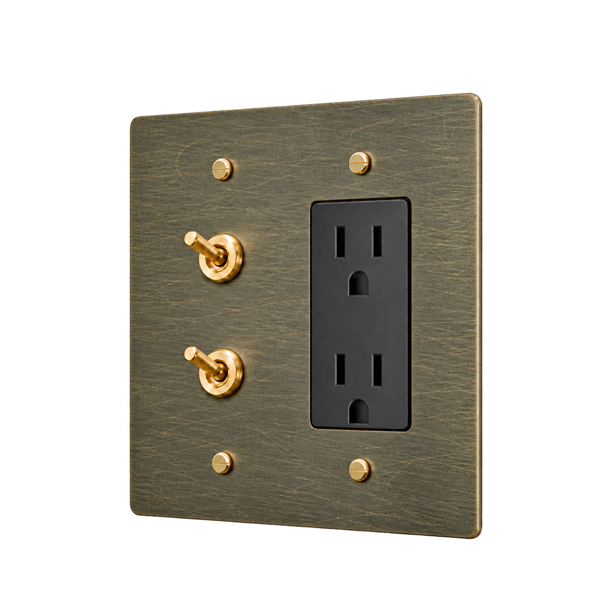 Double Retro Brass Toggle & Duplex Outlet Plate — 2-Gang — Aged Bronze (Hand-Brushed)