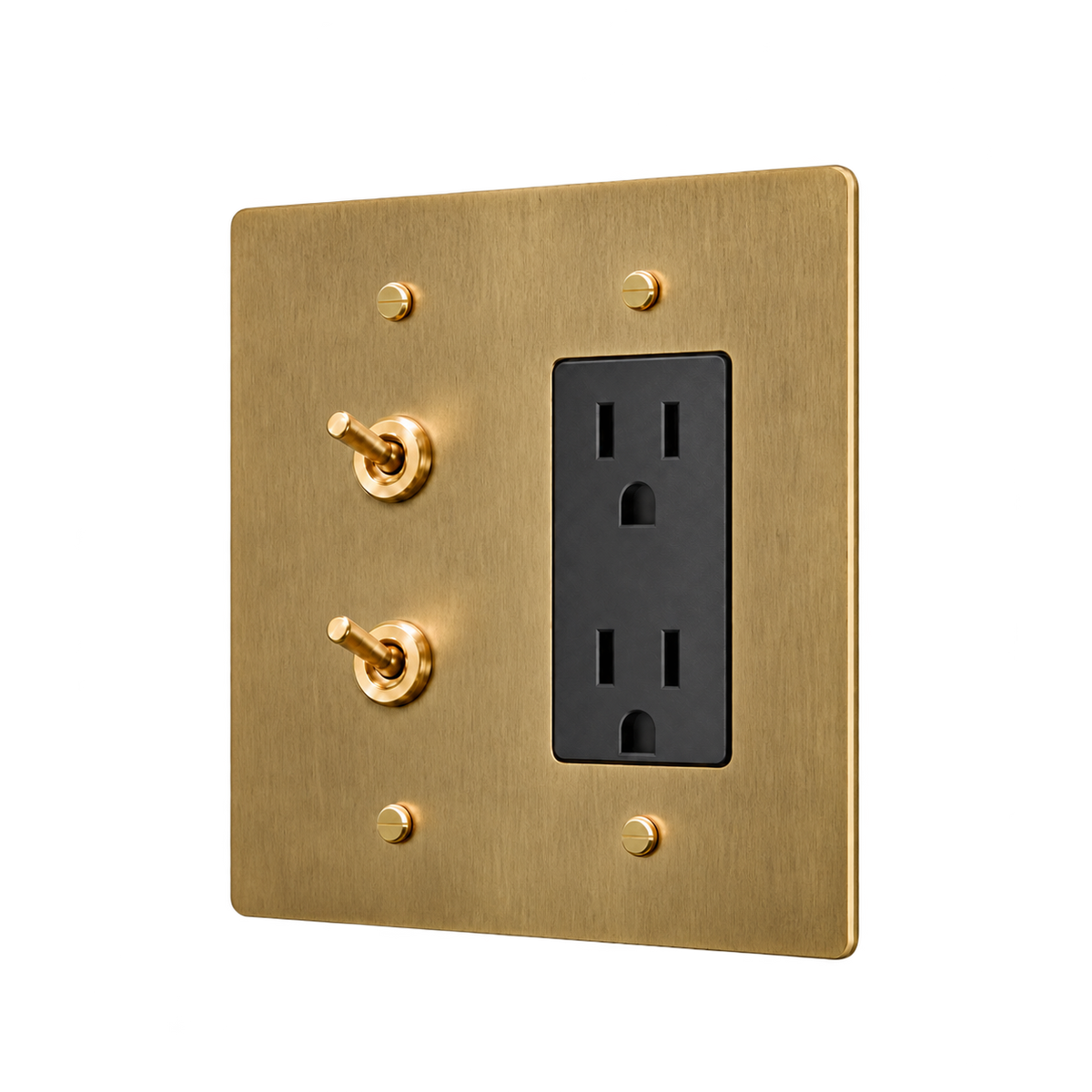 Double Retro Brass Toggle & Duplex Outlet Plate — 2-Gang — Antique Brass (Hand-Brushed)