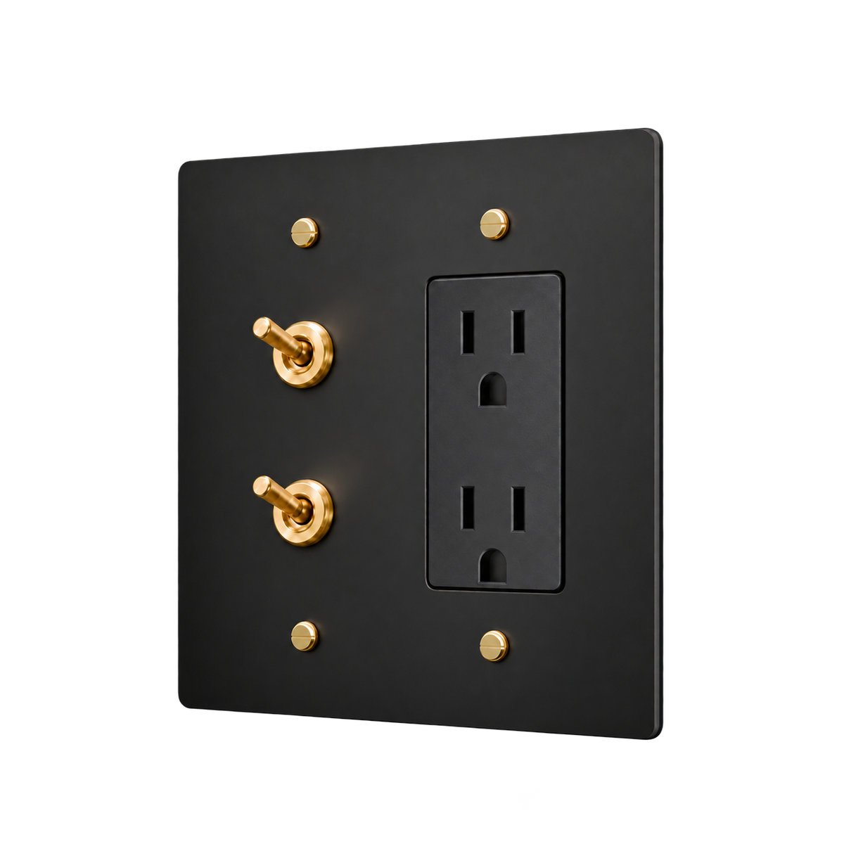 Double Retro Brass Toggle & Duplex Outlet Plate — 2-Gang — Matte Black