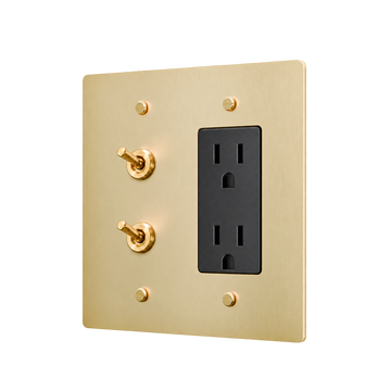 Double Retro Brass Toggle & Duplex Outlet Plate — 2-Gang — Satin Brass