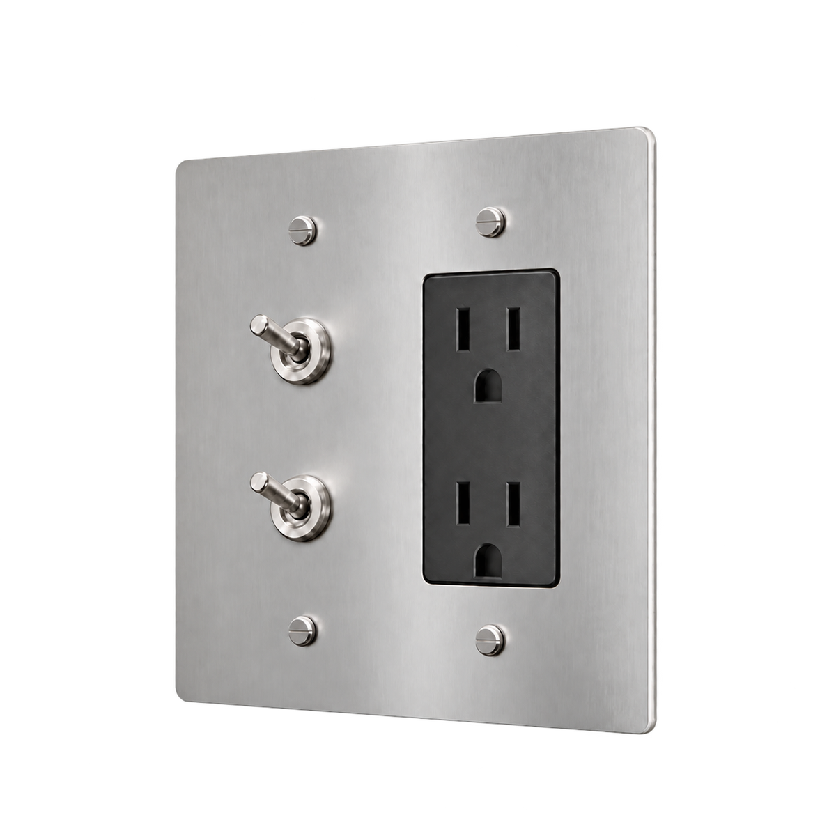Double Retro Brass Toggle & Duplex Outlet Plate — 2-Gang — Stainless Steel