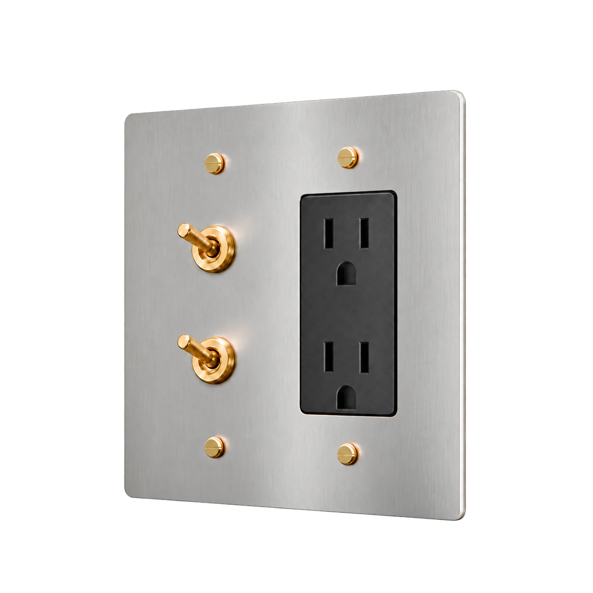 Double Retro Brass Toggle & Duplex Outlet Plate — 2-Gang — Stainless Steel & Brass